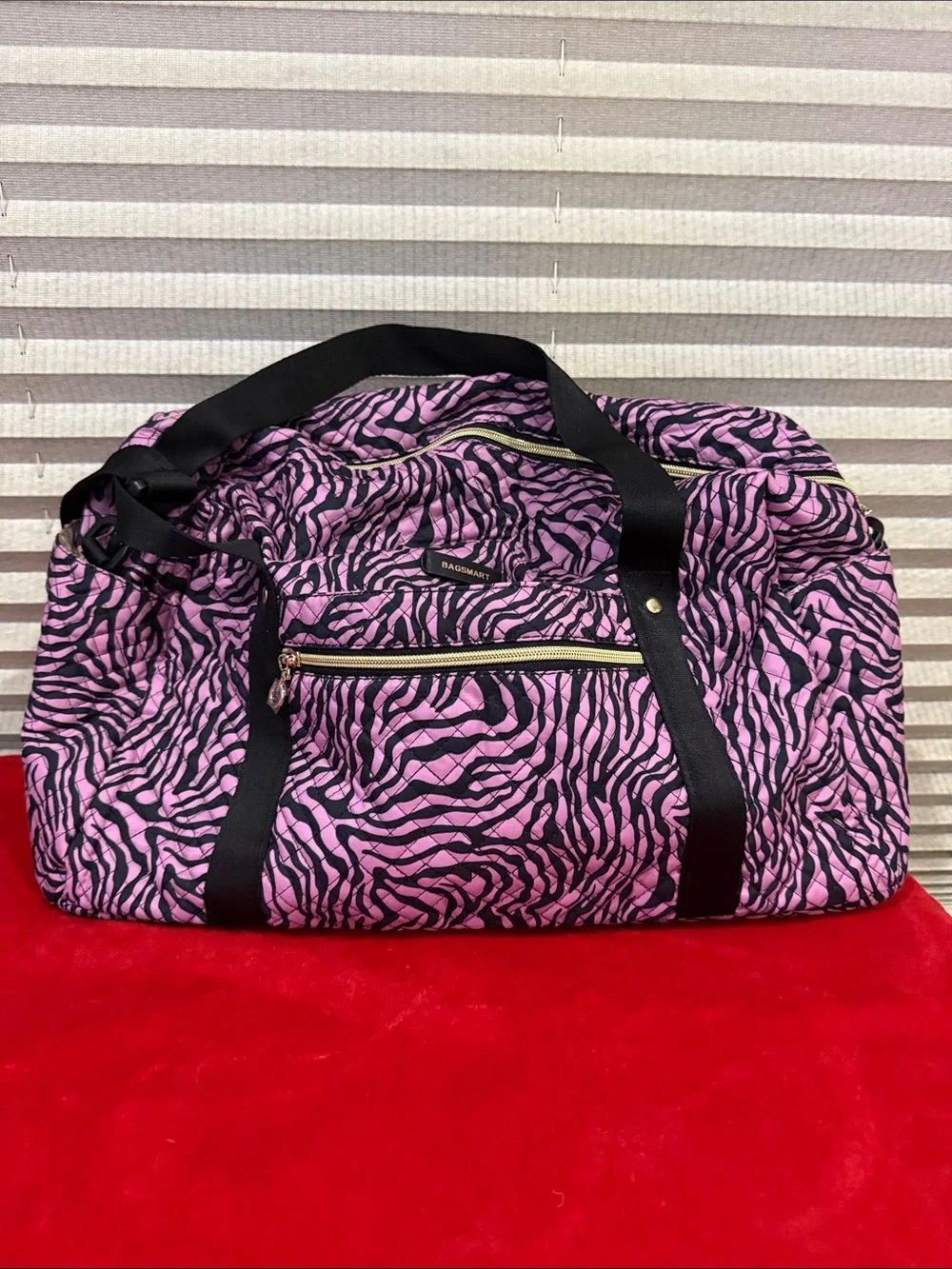 Pink Zebra-Print Travel Duffel Bag with Black Straps - Picture 2 of 7